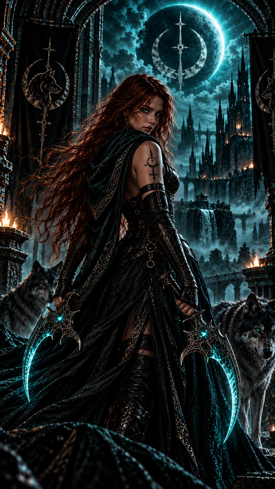 Alexandra looks back beneath a glowing rune circle, holding her scythe with a wolf beside her
