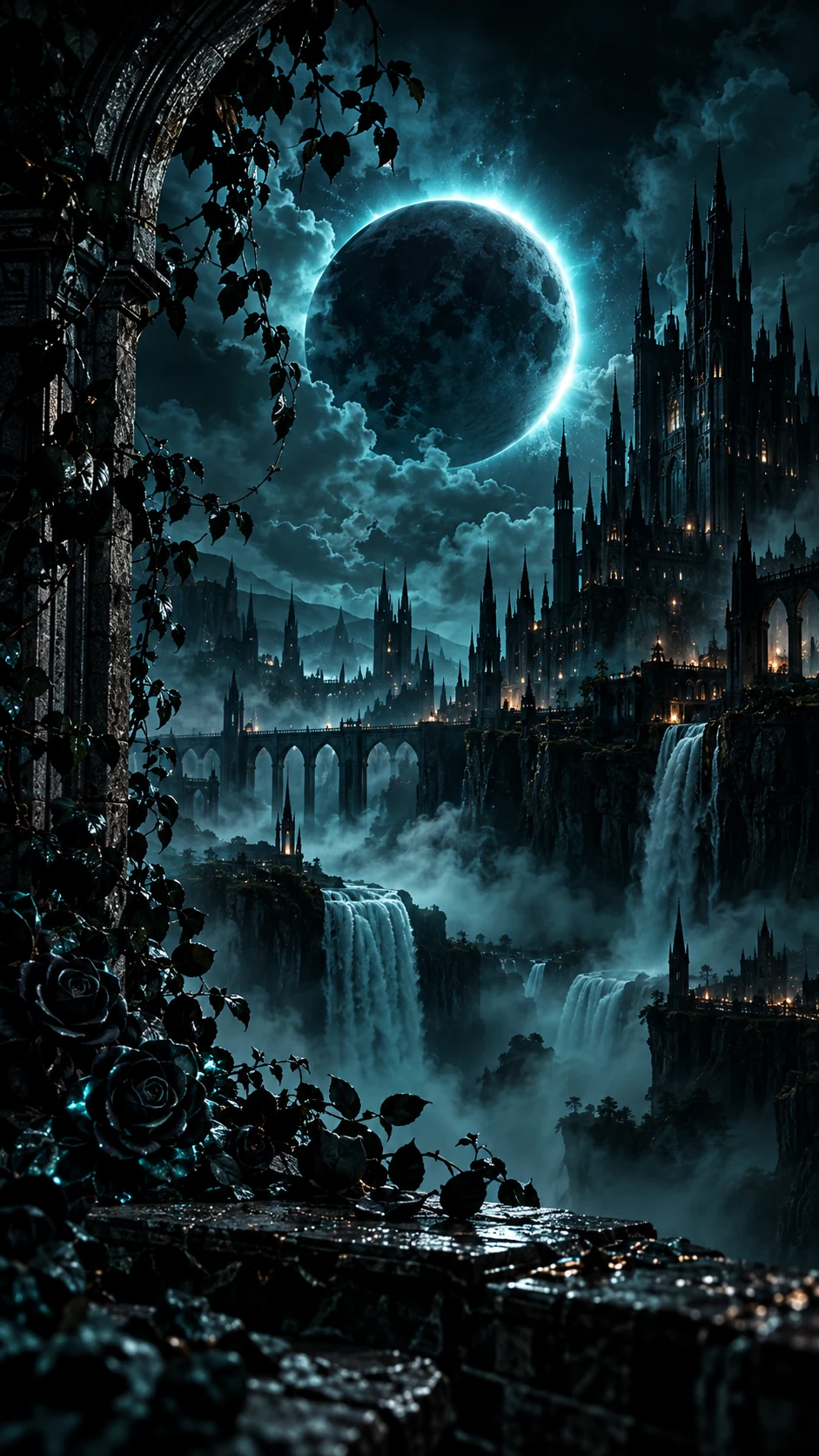 A dark gothic citadel beneath a luminous blue eclipse, surrounded by mist and ruins